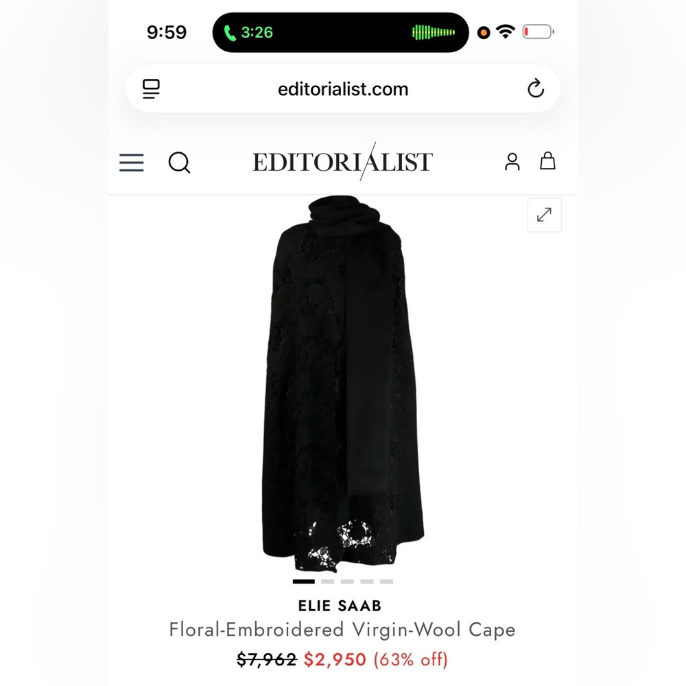 Elie Saab Black Floral-Embroidered Cape with Scarf Detail. Size M